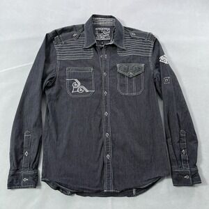 Affliction‎ Black Premium Shirt Mens Large Slim Black Stripe Embroidered Y2K
